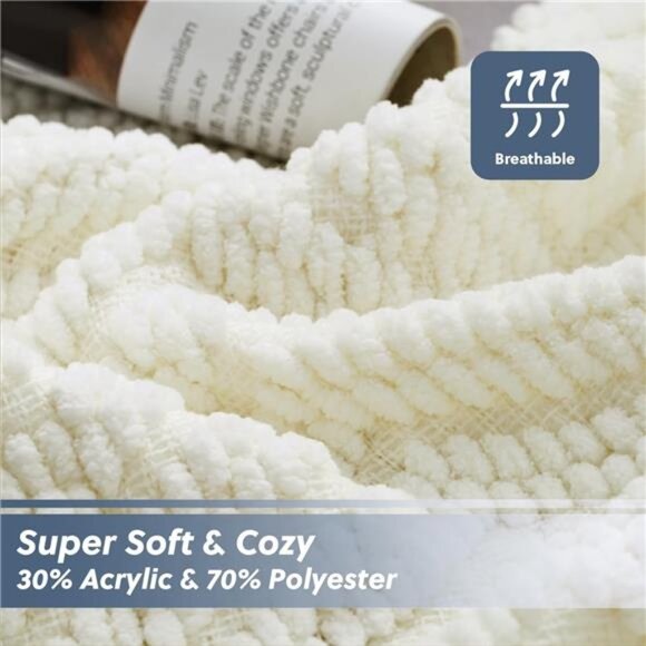 Cream Throw Blankets for Couch - Textured Chunky Knit Woven Chenille - Picture 3 of 7